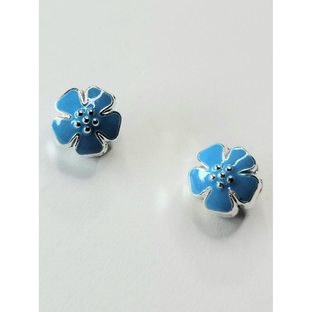 NWT TWO Blue, Silver Puffy Flower Charm Beads For Pandora Large Hole Bracelets